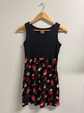 Vintage 90s Black Floral babydoll Dress with Red Rose Print